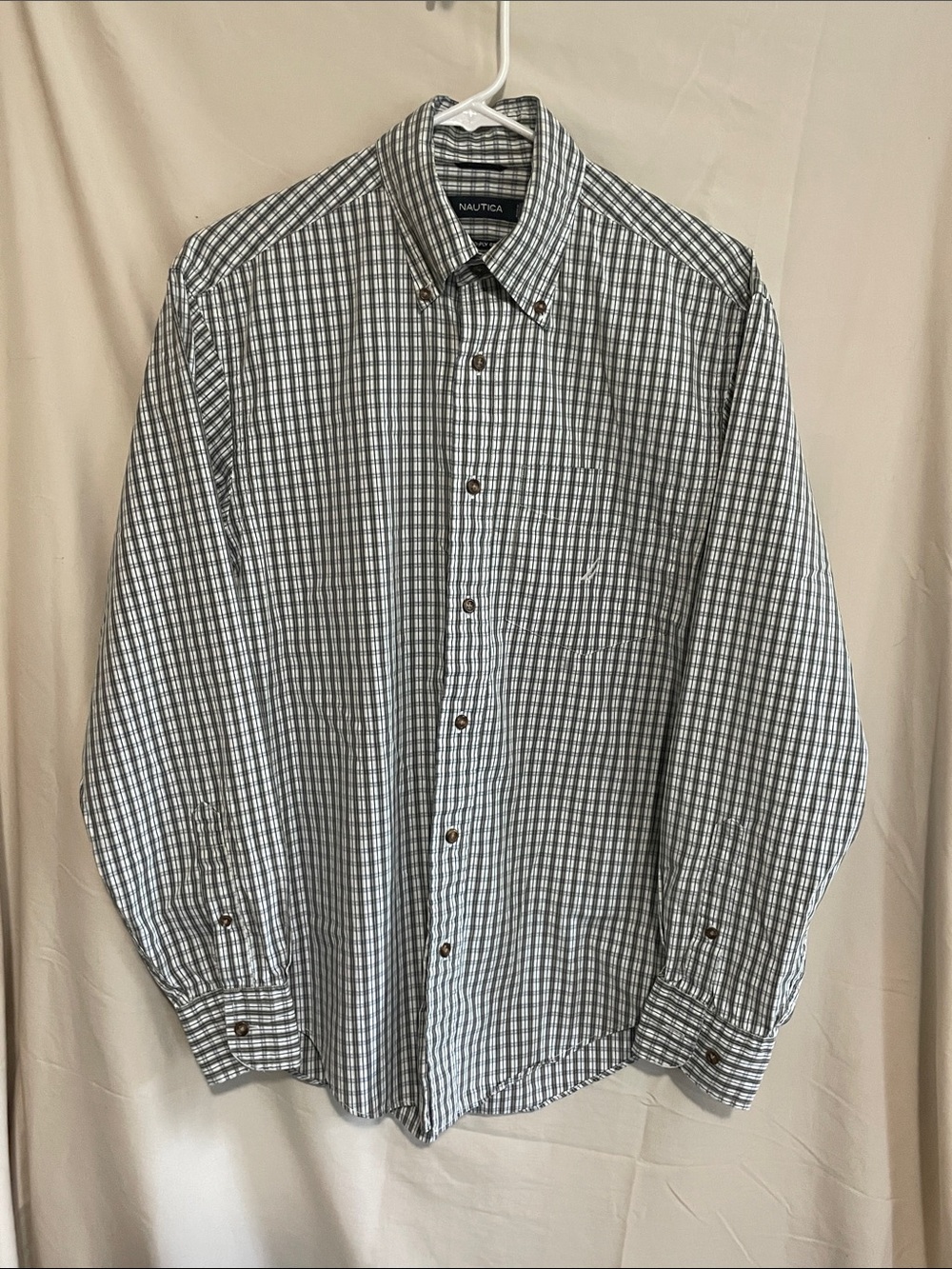 Nautica Men’s Blue and White Checked Button-Down Shirt